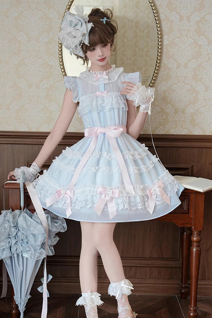 Blue [Frosted Cake] Stand Collar Sleeveless Ruffled Bow Lace Sweet Japanese Princess Lolita Tiered Dress