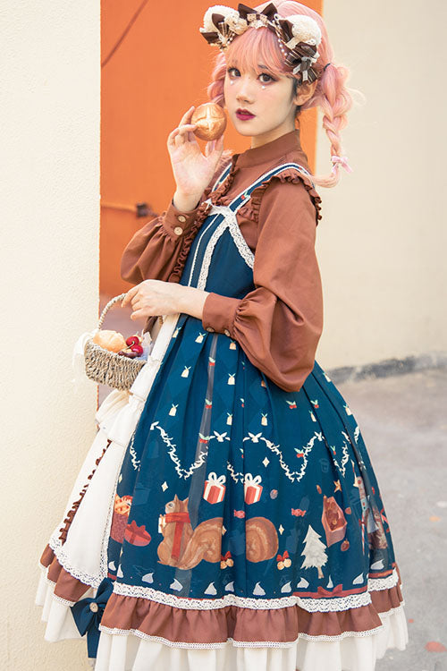 Blue/Brown Christmas Bread Squirrel Gift Print Cardigan Bowknot Multi-Layer Ruffled Sweet Lolita JSK Dress