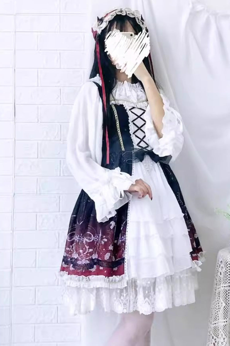 Black/Red Sleeveless Gradient Print Ruffle Cardigan Bowknot Lace-Up Sweet Elegant Lolita Jsk Dress