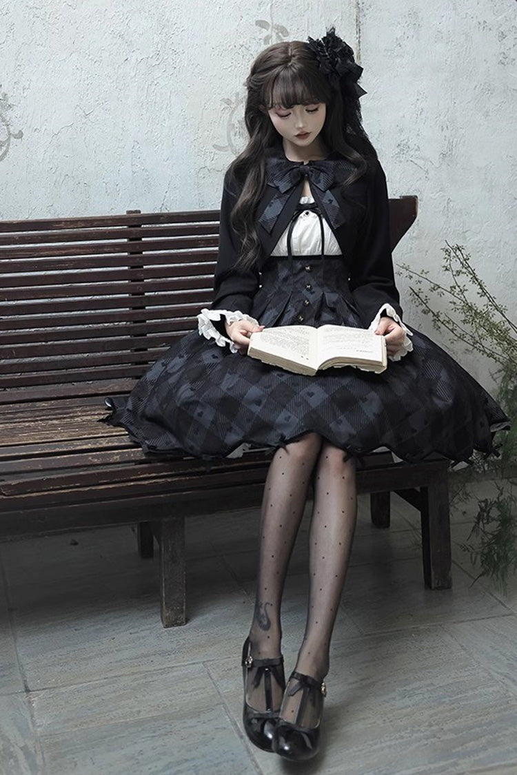 Black [Swan] Short Sleeves Plaid Print Sweet Elegant Princess Lolita Dress Short Version