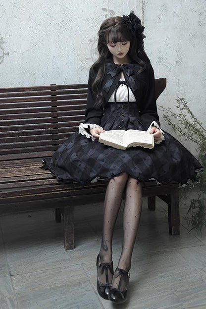 Black [Swan] Short Sleeves Plaid Print Sweet Elegant Princess Lolita Dress Short Version