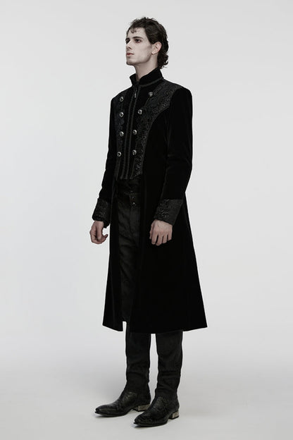 Black Stand Collar Long Sleeves Floral Jacquard Bouble-breasted Zipper Men's Gothic Coat