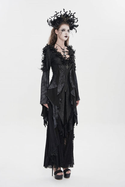 Black V Collar Long Trumpet Sleeves Printed Slim Women's Gothic Rose Feather Gorgeous Blouse