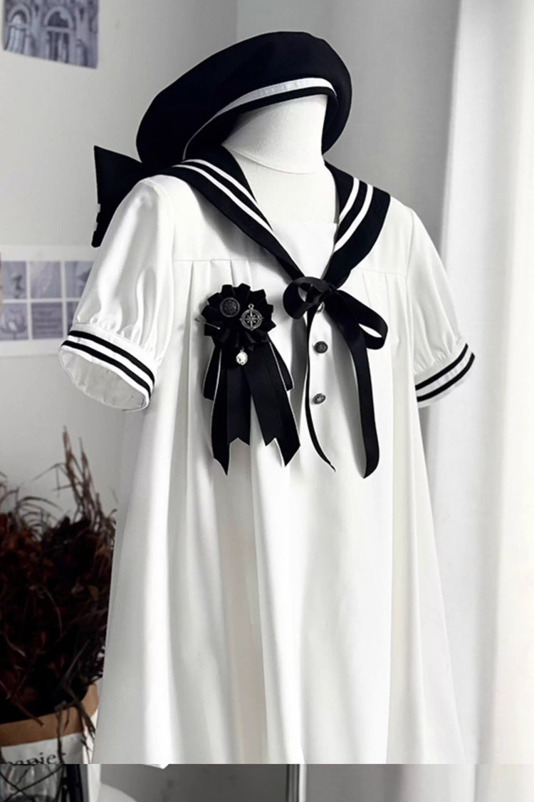 Black/White [Old Stories] Navy Collar Short Sleeves Bowknot Sweet Lolita Dress
