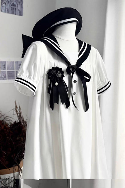 Black/White [Old Stories] Navy Collar Short Sleeves Bowknot Sweet Lolita Dress