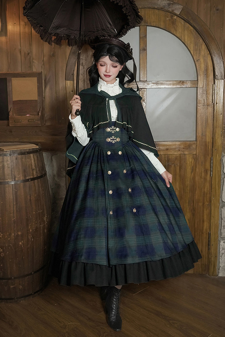 Blue/Green [Berlin's letter] Double-Layered Plaid Print Ruffle Bowknot Classic College Style Lolita Strap Dress Set 2 Versions