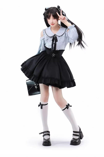 Black/Blue Off Shoulder Long Sleeves Ruffle Bowknot Sweet Jirai Kei Japanese Set