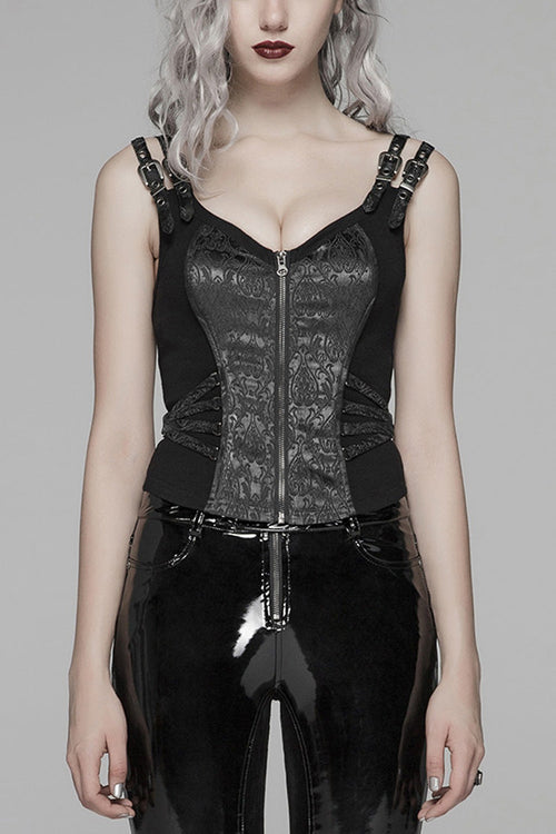 Steampunk Sleeveless Jacquard Print Metal Buckle Strap Metal Zipper Hollow Lace-Up Women's Vest 4 Colors