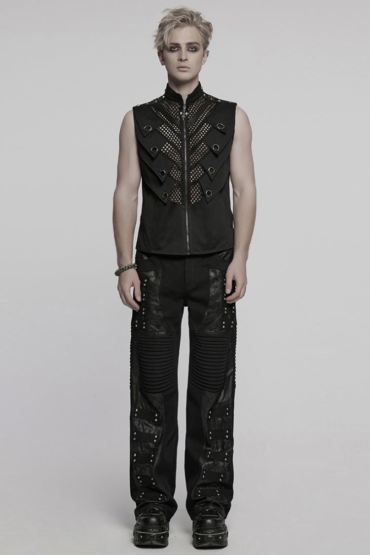 Black Stand Collar Stitching Mesh Men's Punk Vest