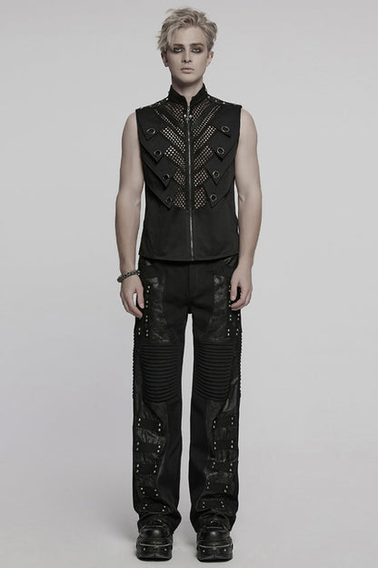 Black Stand Collar Stitching Mesh Men's Punk Vest