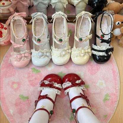 Round Toe Bow Lace Trim Mid Heel Lolita Mary Jane Shoes with Ankle Bells 6 Colors