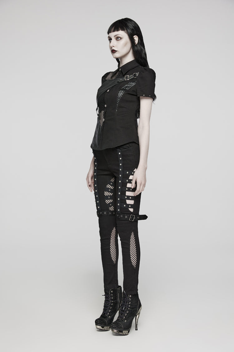 Black Twill Woven Short Sleeves Hollow Leather Stitching Womens Steampunk Blouse