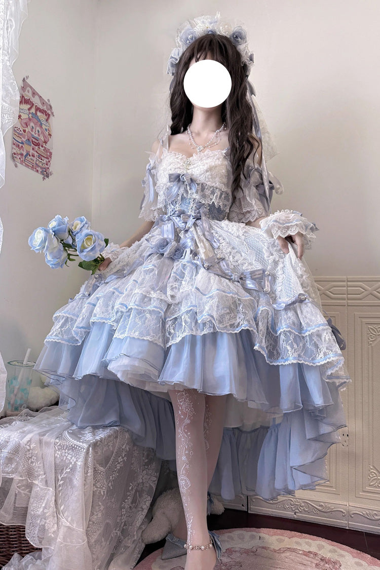 Blue [Diane Rose] Short Sleeves Multi-Layered Jacquard Ruffle Hanayome Cardigan Bowknot Lace Sweet Lolita Dress