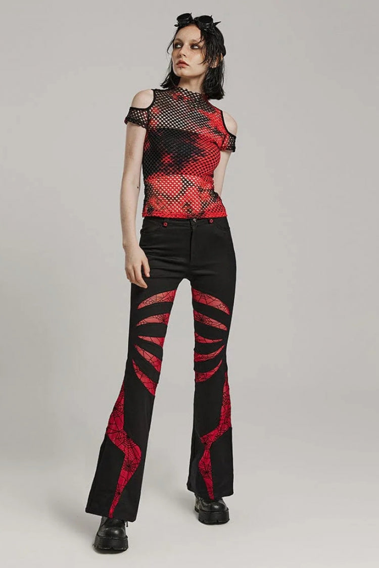 High Collar Hollow Stitching Tie-dyed Off-The-Shoulder Womens Steampunk T-Shirt 3 Colors