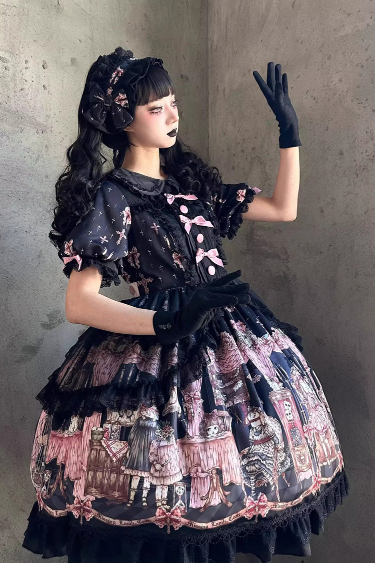 Black [The Case of the Missing Lamb] Print Long Sleeves Ruffle Bowknot Lace Gothic Lolita Dress