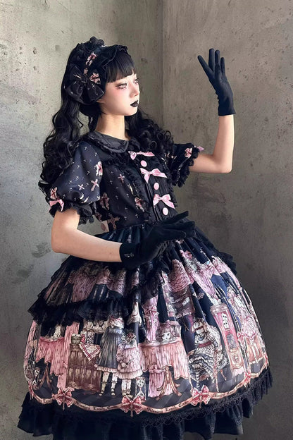 Black [The Case of the Missing Lamb] Print Long Sleeves Ruffle Bowknot Lace Gothic Lolita Dress