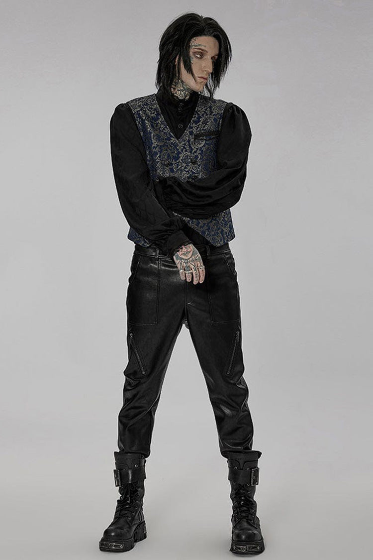 Blue Punk Gorgeous V Neck Asymmetrical Relief Sculpture Jacquard Double Row Hand Seam Button Men's Vest