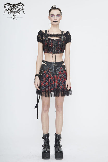 Black/Red Scottish Plaid Off Shoulder Bright Leather Straps Lace Up Lace Women's Punk T-Shirt