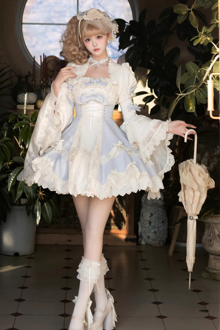 Blue [Letter Paper] Sleeveless Double-Layered Printed Ruffled Open-Front Bow Lace-Up Sweet Lolita Jsk Dress (Short Version)