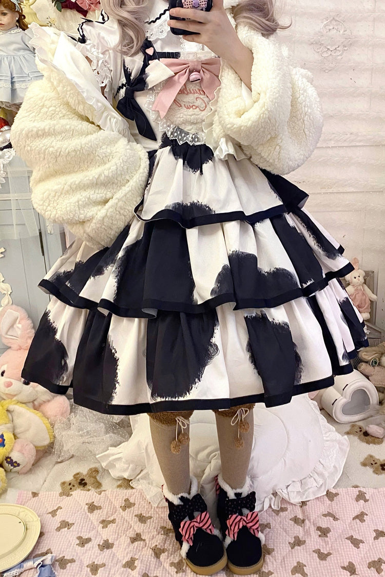 Black Sleeveless Triple-Layered Cow Print Ruffle Bowknot Sweet Lolita Jsk Dress