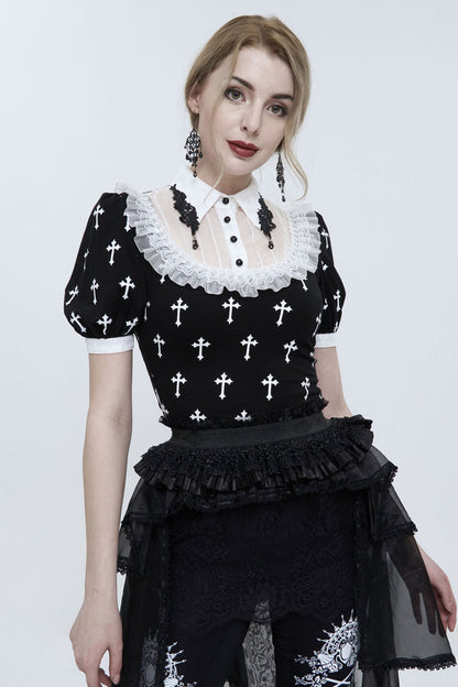 Black/White Cross Printed Chest Paneled Chiffon With Lace Collar Applique? Lace Strap Pendant Women's Punk Shirt
