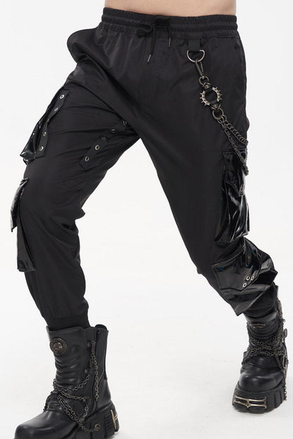 Black Punk Multi Pocket Splicing Illusory Color Removable Metal Left Chain Design Cargo Men's Pants