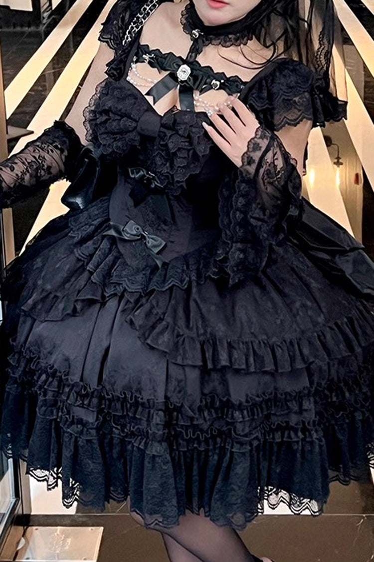 Black [Jewelry Love Story] Halterneck Ruffle Hanayome Bowknot Lace Gothic Lolita Dress