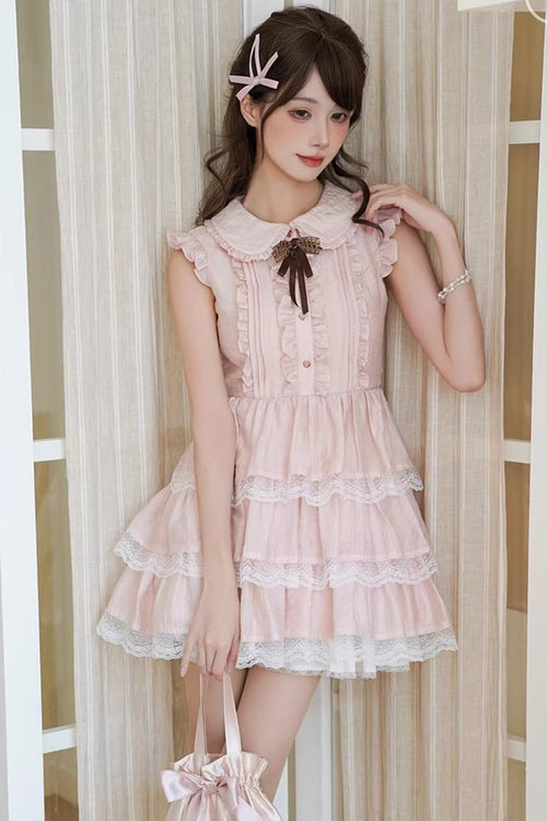 Pink Doll Collar Triple-Layered Ruffled Bow Lace Sweet Lolita Dress