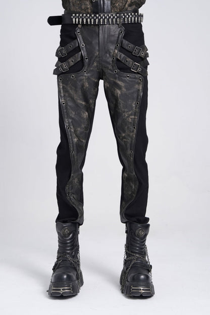Black/Grey Faux Leather Stitching Buckle Men's Punk Pants
