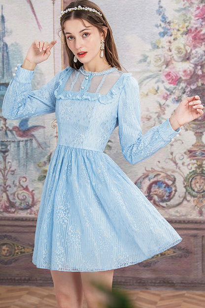 Blue Vintage Lace Round Collar Long Sleeves Sweet Lolita OP Dress