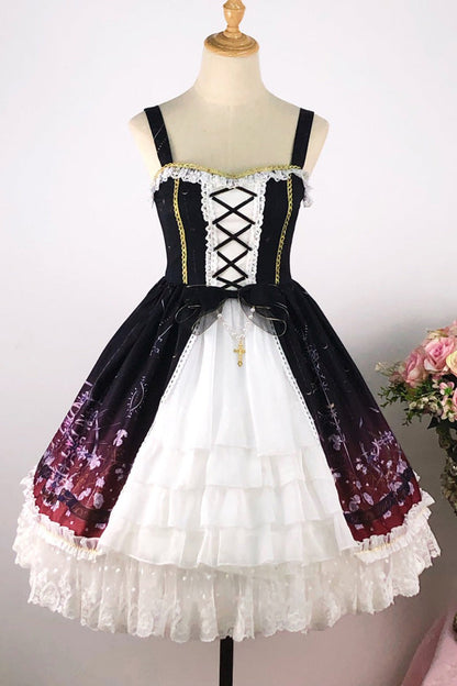 Black/Red Sleeveless Gradient Print Ruffle Cardigan Bowknot Lace-Up Sweet Elegant Lolita Jsk Dress