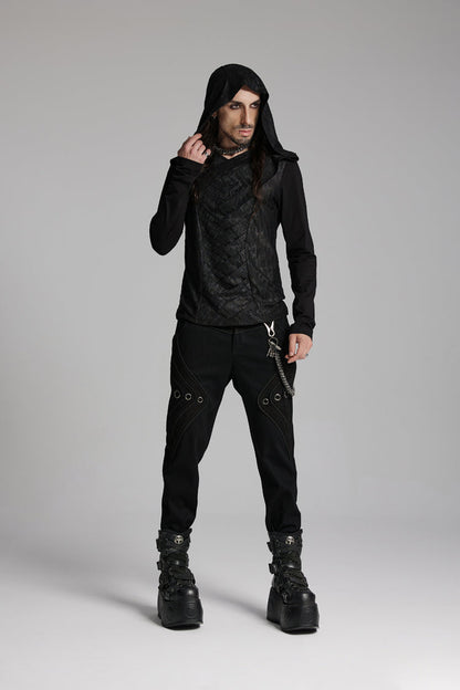 Black V Collar Long Sleeves Hooded Overlaping Mesh Men's Punk T-Shirt