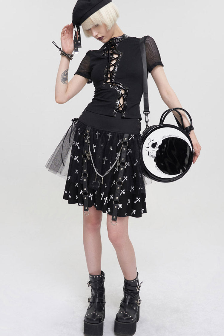 Black Punk Short Sleeve Irregular Drawstring Bright Leather Neckline Mesh Cuffs Women's T-Shirt
