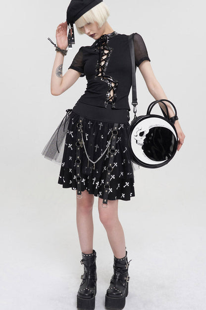 Black Punk Short Sleeve Irregular Drawstring Bright Leather Neckline Mesh Cuffs Women's T-Shirt