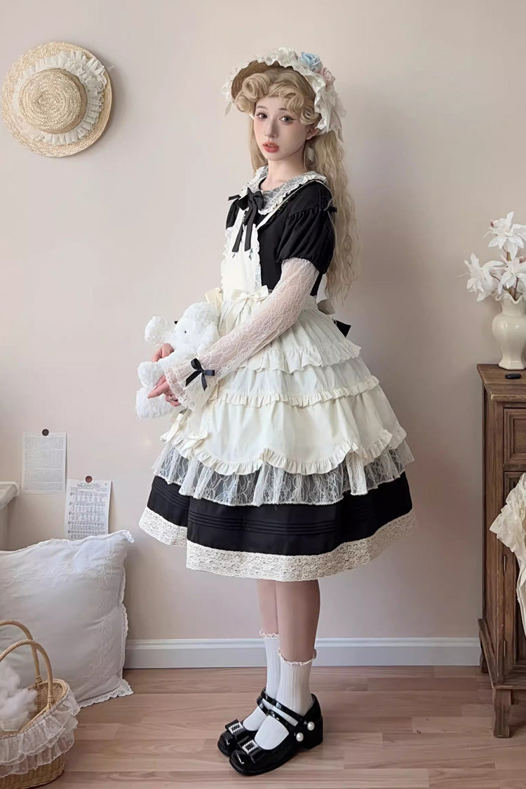 Black [Mist over Flowers Along the Path] Lapel Collar Long Sleeves Embroidery Bowknot Lace Sweet Lolita Dress