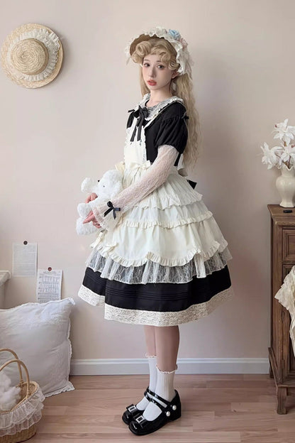 Black [Mist over Flowers Along the Path] Lapel Collar Long Sleeves Embroidery Bowknot Lace Sweet Lolita Dress