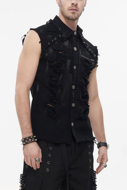 Black Punk Standing Collar Irregular Hand-Painted Sleeveless Metal Decoration Tattered Men's Shirt