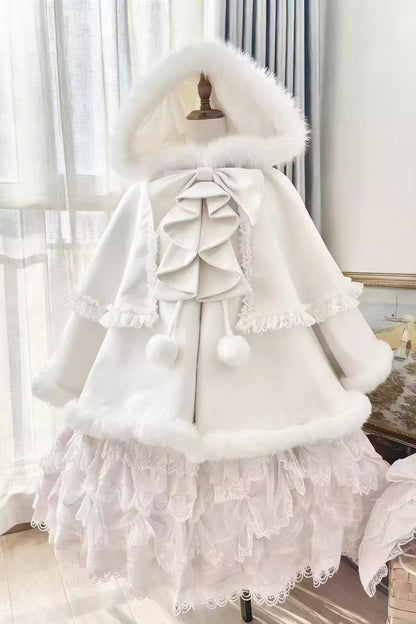 [Velvet Butterfly] Ruffle Bowknot Lace Hooded Sweet Lolita Dress Cloak Coat 4 Colors