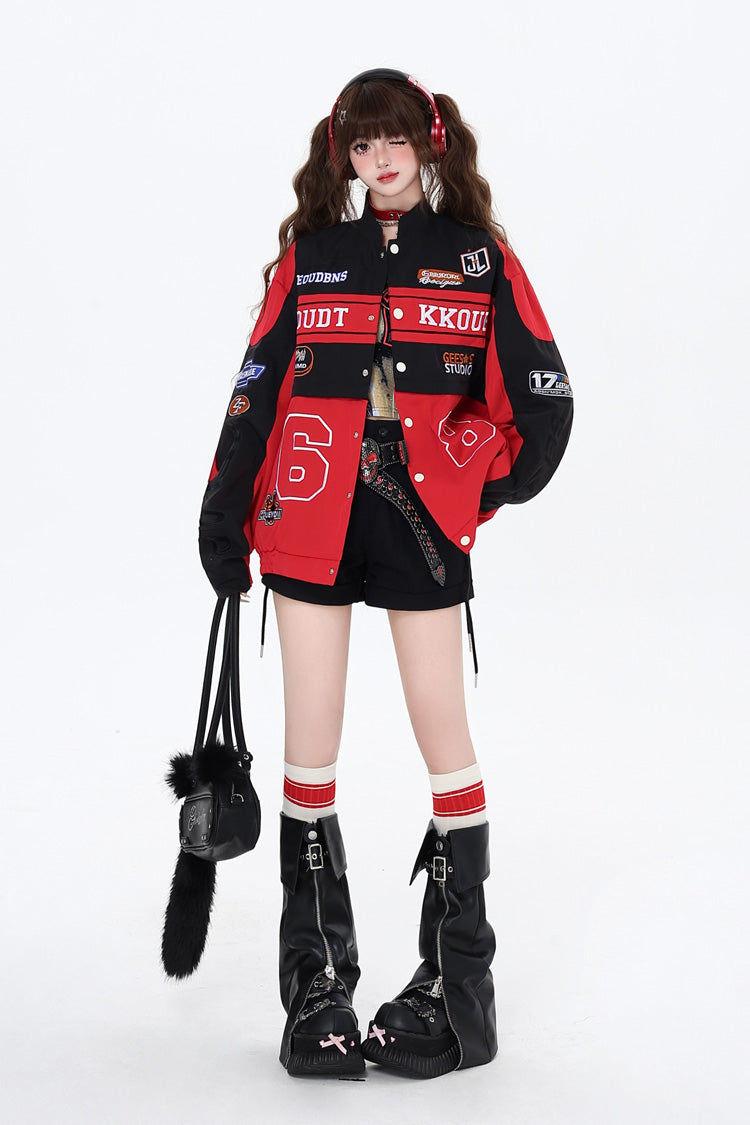 [Biker Girl] Long Sleeves Print Embroidery Zipper Detachable Jirai Kei Coat 3 Colors