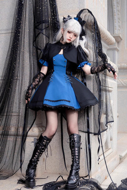 Black/Blue [Night Liana] Ruffle Bowknot Lace-Up Sweet Japanese Lolita Jumper Dress Set