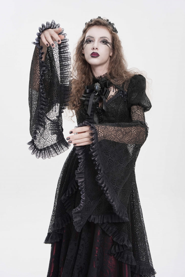 Black Stand Collar Long Trumpet Beaded Sleeves Cut-Out Bow Lace Women's Gothic Blouse