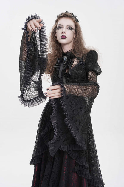 Black Stand Collar Long Trumpet Beaded Sleeves Cut-Out Bow Lace Women's Gothic Blouse