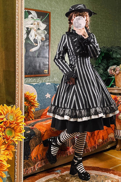 Black Stand Collar Long Sleeves Multi-layer Striped Print Ruffle Gothic Lolita Dress