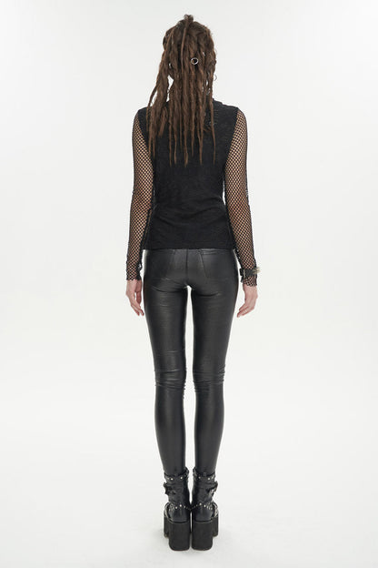 Black Turtleneck Adjustable Faux Suspenders Textured Knit Mesh Women's Punk T-Shirt