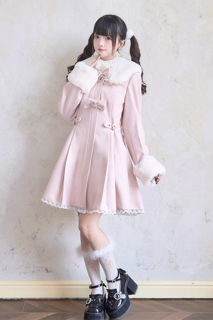 Sweet Plush Collar Waist-cinched Long Sleeves Bowknot Lace Japanese Lolita Coat 4 Colors