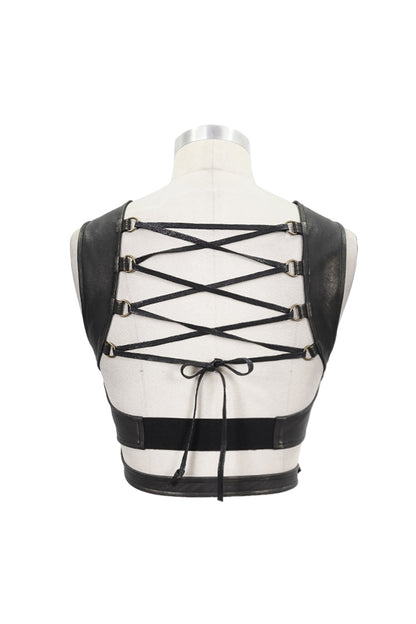 Brown Vintage Hand Wiped Leather Shoulder Loop Backless Lace Up Short Women's Punk Waistcoat