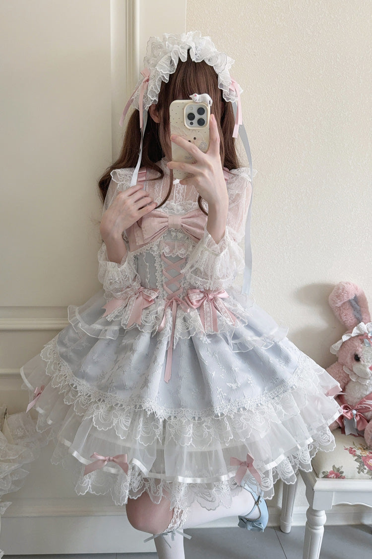 Blue [Fleishi Island] Sleeveless Ruffle Bowknot Lace Slim Sweet Ballet Lolita Jsk Dress