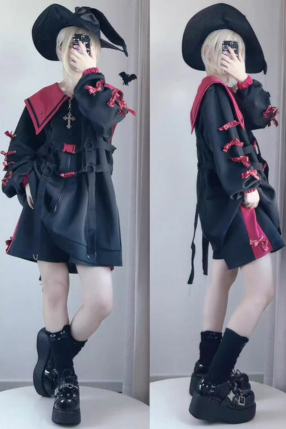 Sailor Collar Long Sleeves Cross Print Bowknot Sweet Jirai Kei Coat 3 Colors