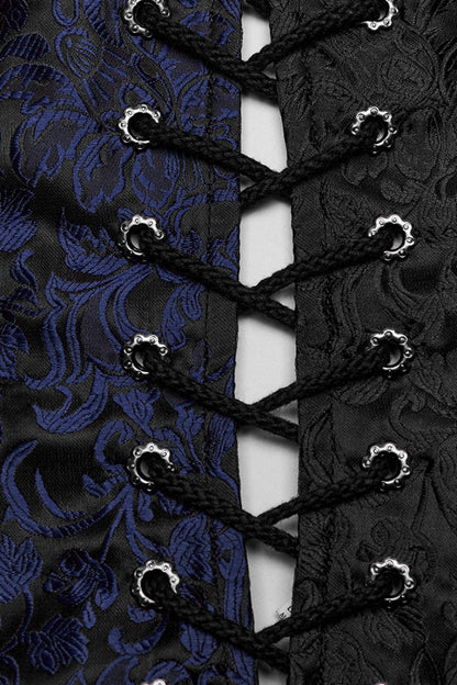 Black/Blue V Collar Jacquard Lace-Up Men's Gothic Vest