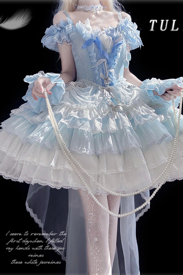 Blue [Tulip and Wind Chime] Multi-Layered Ruffle Bowknot Lace Sweet Gorgeous Lolita Jsk Dress